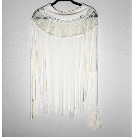 Free People Women's Ivory Spring Valley Lace Trim Lightweight Thermal Top Boho S - Picture 4 of 10